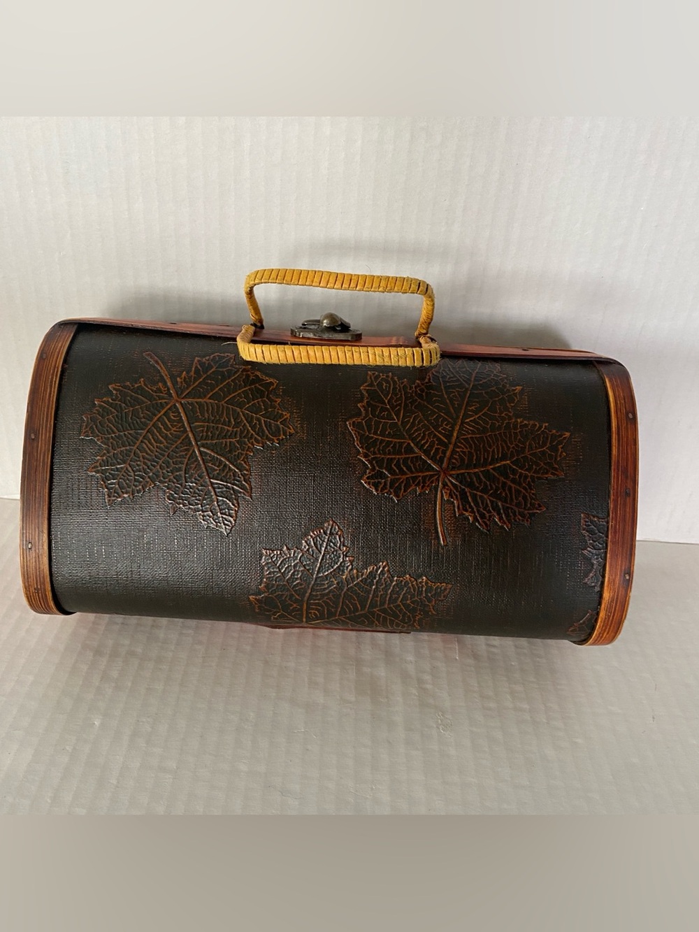 Vintage barrel shaped box/purse embossed maple leaf. Boho Rustic dark brown